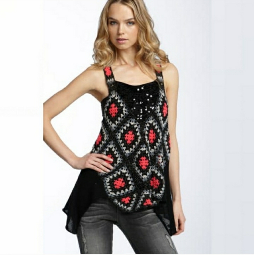 Free People Love Trapeze Women's Black and Pink Crochet Sequin Tank Top